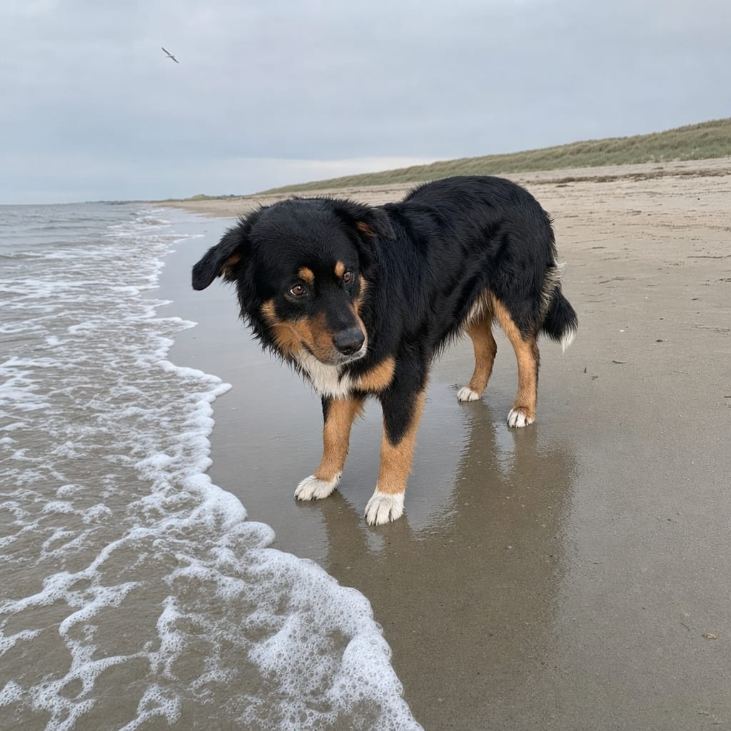 Bello am Strand, kurz nachdem eine Welle zu nah gekommen ist.