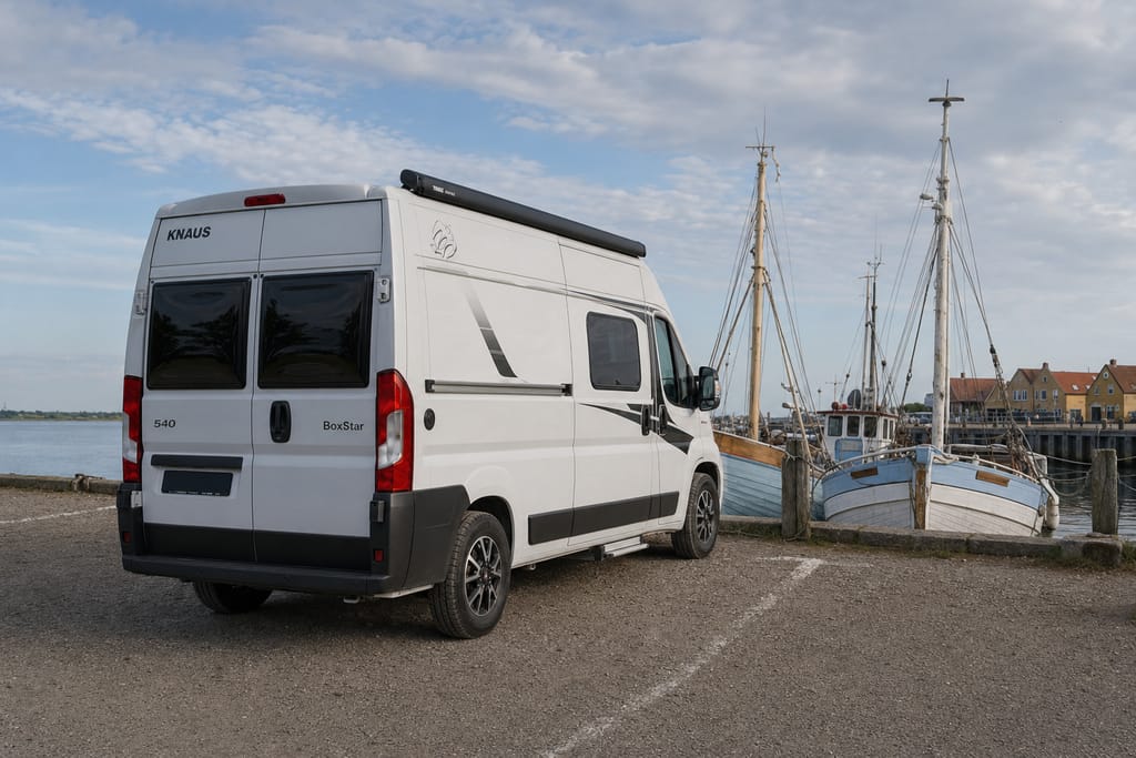 Stellplatz am Hafen Marstal. Mittags sind die meisten Boote draußen.